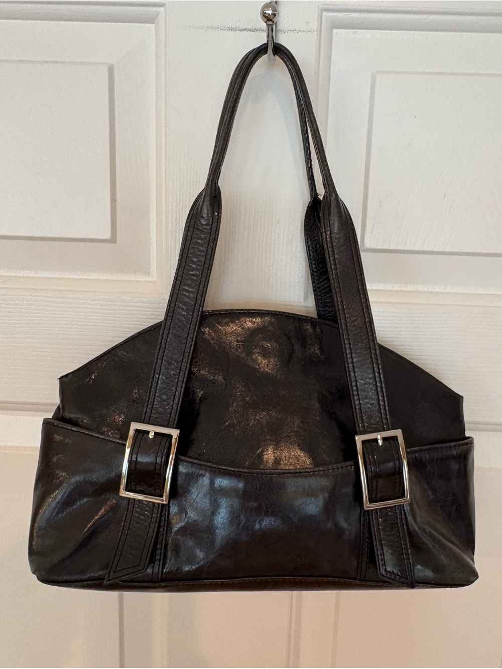 Kenneth Cole New York Black Leather Shoulder Bag Satchel Purse Buckles